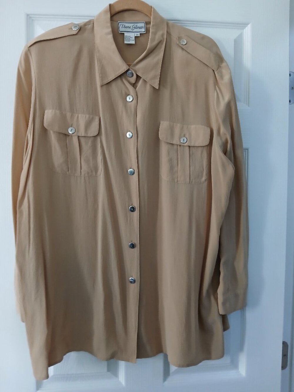 Diane Gilman Vintage 100% Silk Utility Safari Button Down Blouse Plus 2X